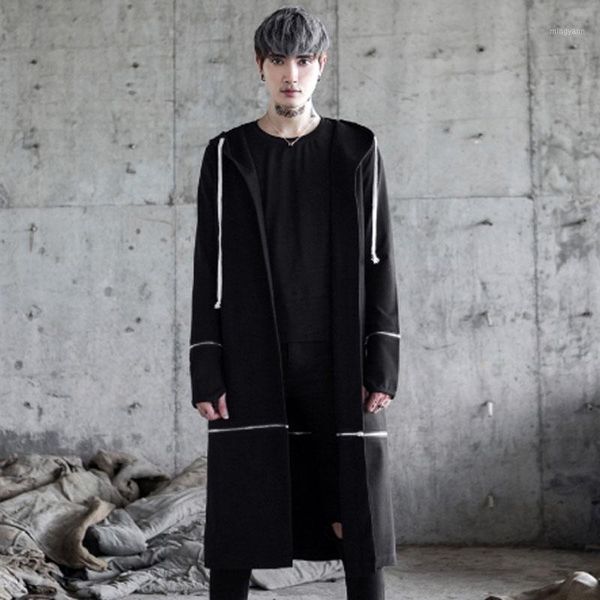 

men gothic punk hip hop long trench coat hooded cloak nightclub dj singer stage costume men harajuku japanese street jacket1, Tan;black