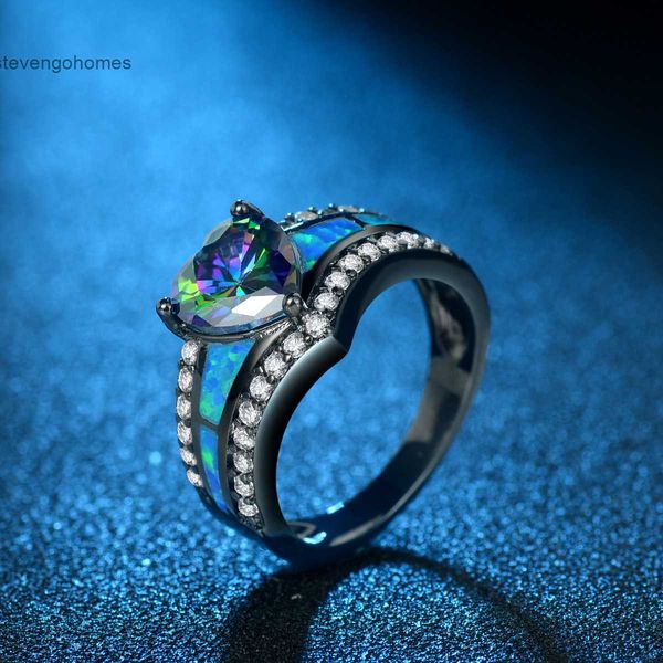 

women's colorful zircon heart aobao blue ring fire opal jewelry, Silver
