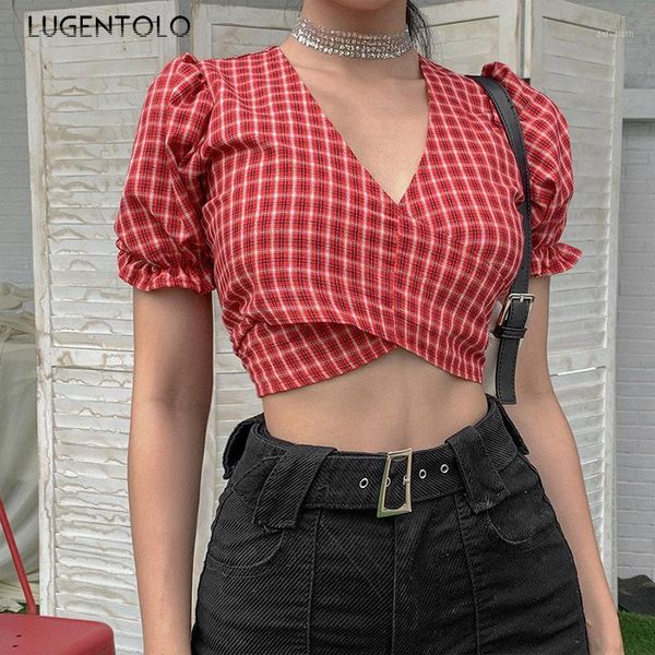 

lugntolo women t-shirt summer plaid cool fashion slim-fit navel short puff sleeve v-neck women's short t-shirts1, White