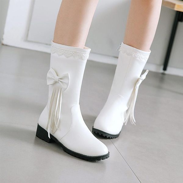 

boots cresfimix vrouwen laarzen white pu leather bow tie autumn for women lady classic black winter a6617