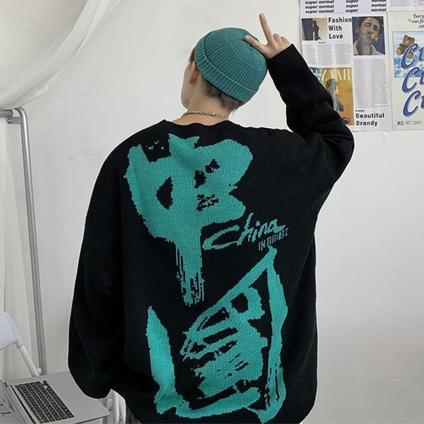 

men's sweaters personality trend: fashion in chaogang, the wind is over fire, ruffian round neck sweater, male loose autumn t-shirt man, White;black