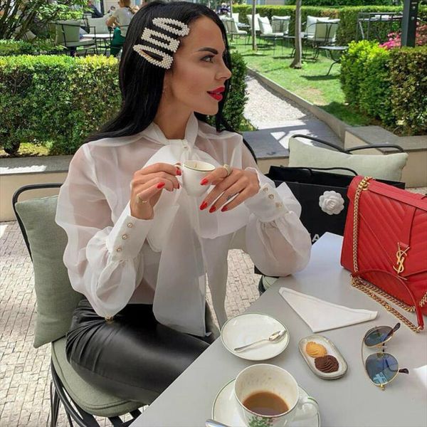 

women see through sheer mesh blouse shirt puff long sleeve shirt bow neck blouses shirts transparent shirts, White