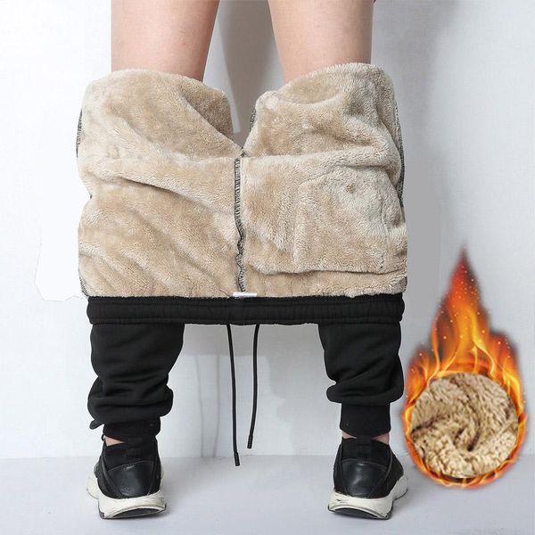 

men's winter pants outside warm joggers thicken men sweatpants heavyweight streetwear fleece trousers men pant, Black