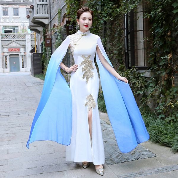 

long dress cheongsam skirt elegant chinese style walk show elegant etiquette performance dress young women's improved cheongsam skirt z, Black;gray