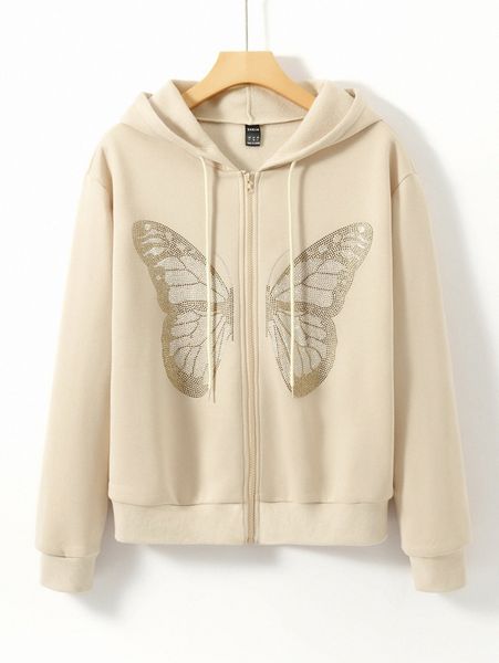 

rhinestone butterfly kangaroo pocket thermal lined zip-up hoodie b93p#, White;black