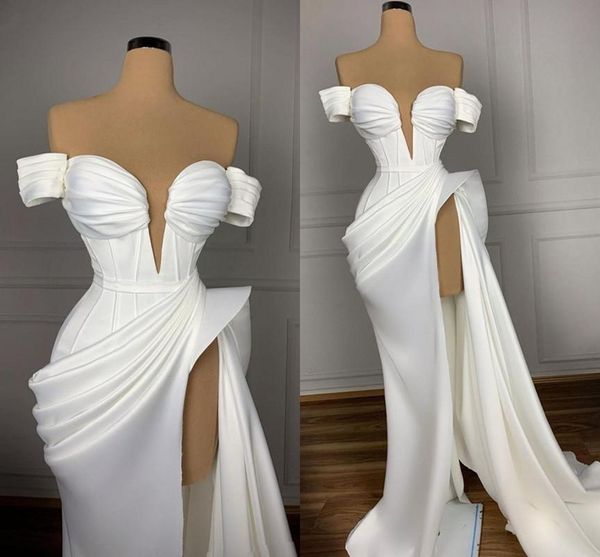 

white off shoiulder mermaid evening dresses 2021 simple satin ruched sweep train prom party gowns high split robes de soirÃ©e al7575, Black;red