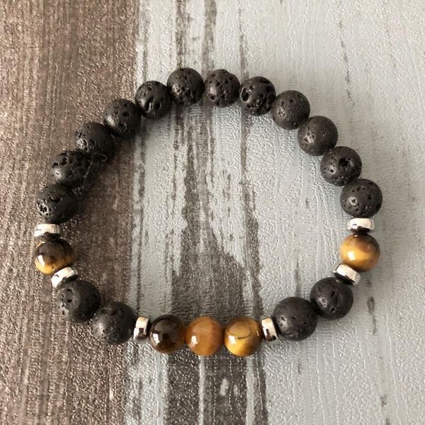 

tennis 8mm men natural stone beaded stretch bracelet volcanic lava & tiger's eye mala wrist gift for him1, Golden;silver