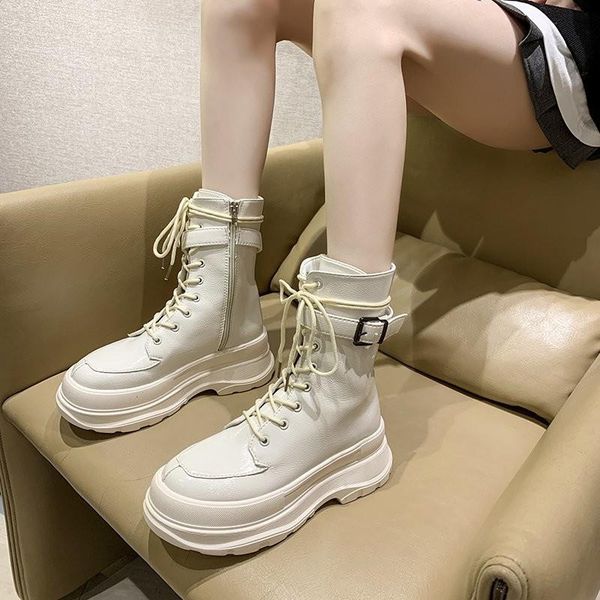 

winter new thick bottom lace-up white boots women's muffin bottom joker small height short boots, Black