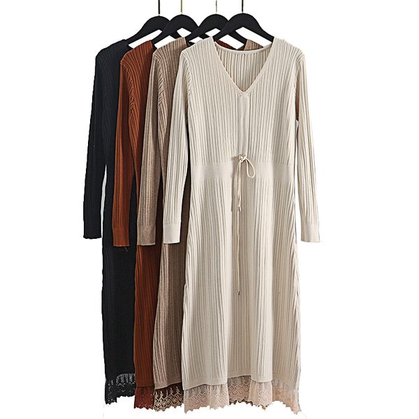 

2021 new lace stitching long knit a line women sweater autumn winter drawstring maxi retro ribbed robe pullover dress dkya, Black;gray