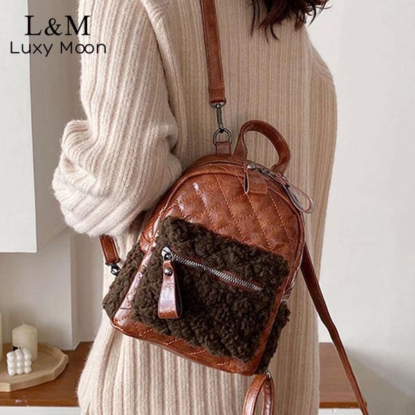 

korean women backpacks pu leather and woolen patchwork small backpack leisure shoulder bag female mini lattice bagpack xa624h bbymzz