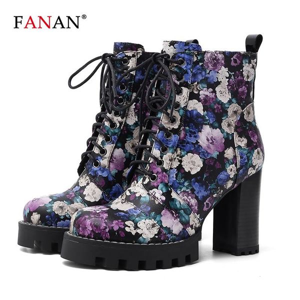 

fanan autumn winter ankle boots comfortable women platform rubber boots lace up round toe flower leather high heels shoes woman, Black