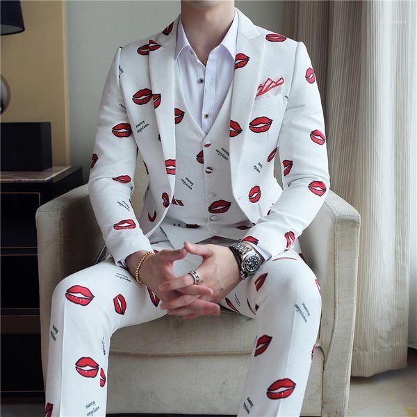 

jacket + vest + pants) high-end brand boutique fashion printing formal wedding dress stage suit mens business casual slim suit1, White;black