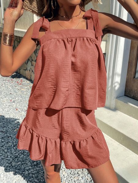 

textured tie shoulder cami & ruffle hem shorts i7ff#, White