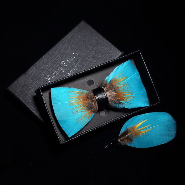 

jemygins original solid color feather bow tie brooch set man wedding gift fashion handmade leather bow ties pin gift box set 201027, Blue;purple