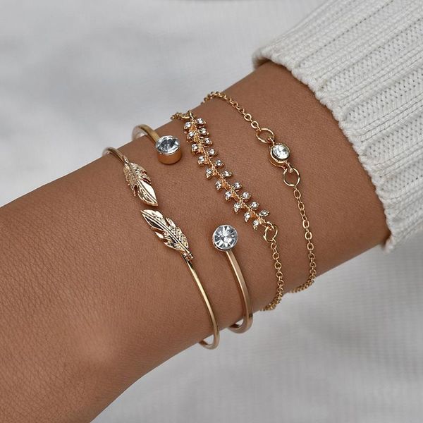 

4 pcs/set women's fashion crystal leaves geometric chain gold bracelet set bohemian vintage jewelry wholesale, Golden;silver