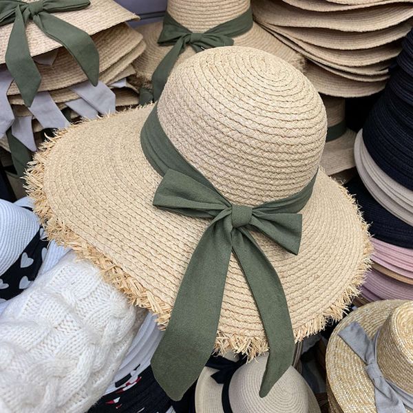 

korean version of summer lafite elegant versatile straw hat sunscreen bowknot lace age reducing girls travel, Blue;gray