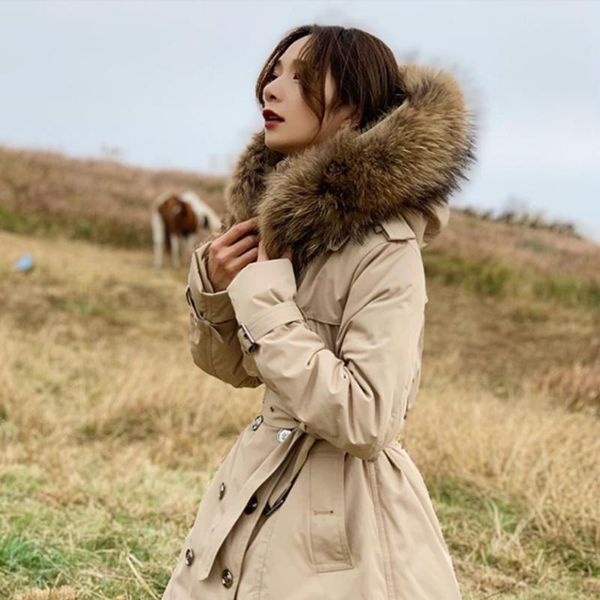 

big real fur collar hooded warm down coats female original oversize longer duck down coats thicker warm coat f68, Black