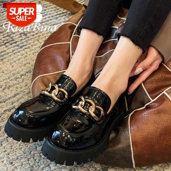 

rizabina women real leather pumps round toe thick heel cross strap metal chain solid color casual ladies footwear size 34-39 #3x4l