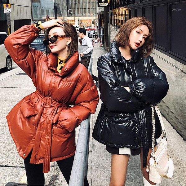 

slim fashion cotton padded parka femme hiver with belt korean warm women parks coat casual winter coat jacket streetwear1, Black
