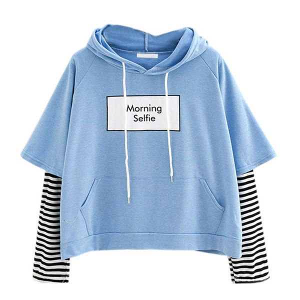

hoodies morning selfie moletom women striped patchwork hoodies sweatshirts with front pocket crop hoodie i28t drop shipping, Black