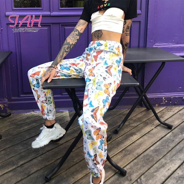 

iamy joggers women butterfly 3d print high waist sweatpants womens plus size korean style fashions clothes hip hop roupas t200422, Black;white
