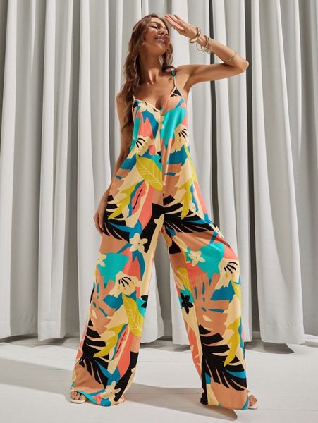 

luukse backless tropical print wide leg cami jumpsuit g1k9#, White