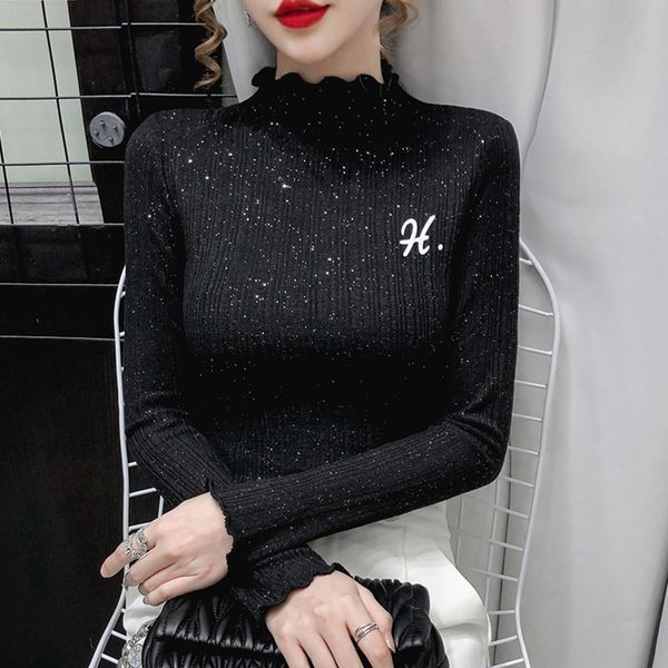 

половина теплый блестки вышивка sequinshigh шею длинным рукавом футболка женская новая теплая осень зима 2020 пайетки вышивка мода и тонкий, White