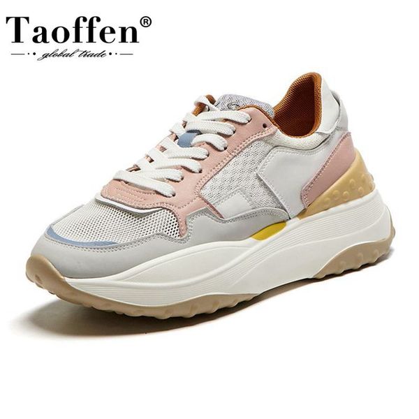 

taoffen genuine leather sneakers summer women vulcanized shoes lace up thick bottom shoes breathable women shoes size 35-41 c1011, Black;white