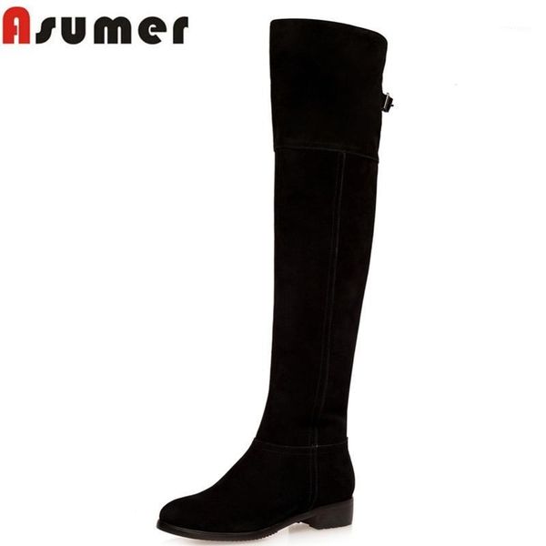 

boots asumer 2021 arrive autumn winter genuine leather square heel over the knee fashion buckle cowhide women1, Black