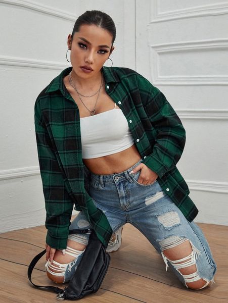 

plaid drop shoulder blouse i52f#, White