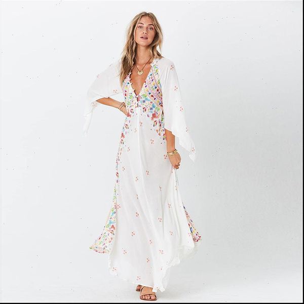

casual white geometric print maxi dress summer 2021 flare sleeve v neck gyspy boho long dress button bohemian beach dress, Black;gray