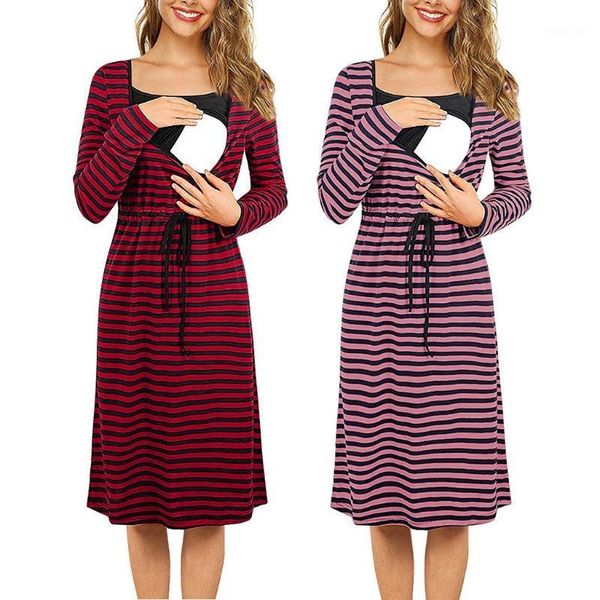 

maternity dresses fashion nightwear women long sleeve striped printed nursing dress for breastfeeding vestido de maternidad1, White