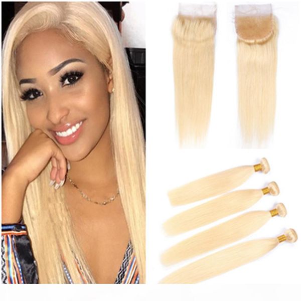 

silky straight russian blonde virgin human hair wefts with closure #613 blonde 4x4 lace front closure with 4pcs weave bundles 5pcs lot, Black;brown