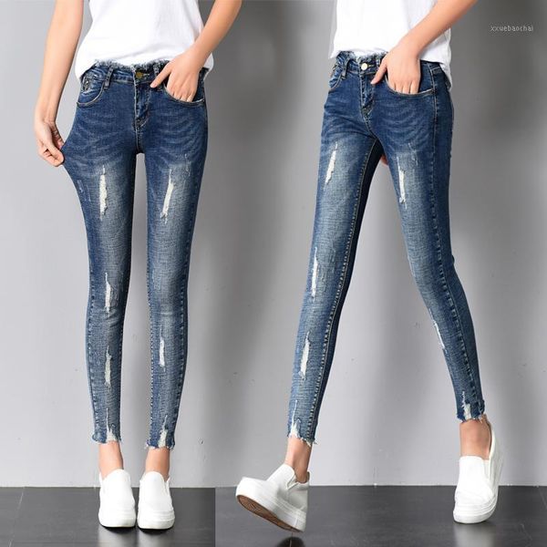 

new women stretch elastic high waist femme broken torn ripped jeans skinny woman pants women's trousers wholesale1, Blue