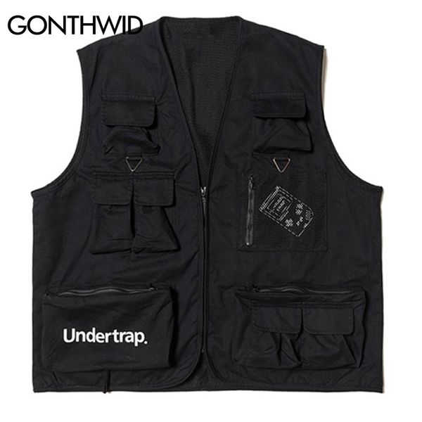 

gonthwid utility multi zipper pockets sleeveless jackets tool waistcoats tactical combat vest casual travel outdoor jacket coat y201026, Black;brown
