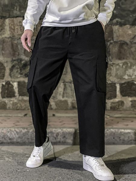 

men drawstring waist pocket patched pants u6gi#, Black
