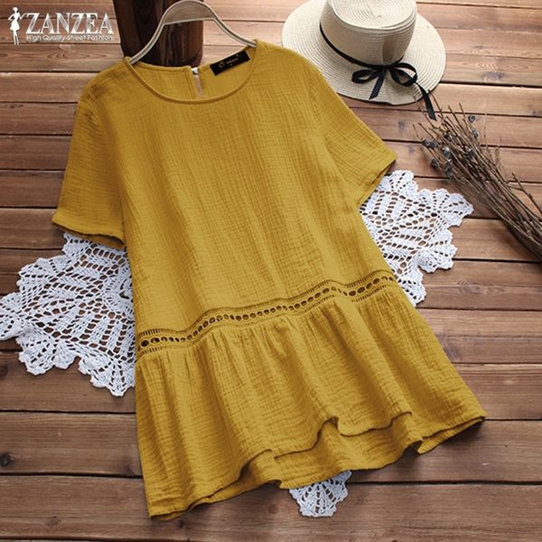

summer women linen blouse zanzea female short sleeve shirts fashion blusa streetwear chemise plus size hollow tunic y200622, White