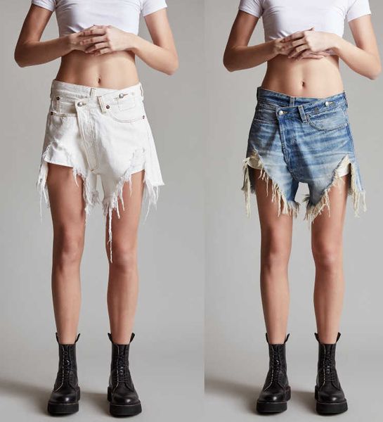 

women's shorts spring and summer new r13 high waist overlapping hole rough hem skew file oblique buckle denim shorts women, White;black