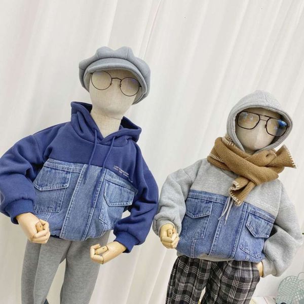 

new wear winter add cashmere xixijia denim stitching medium and large children's hooded bodysuit korean hoodie, Black