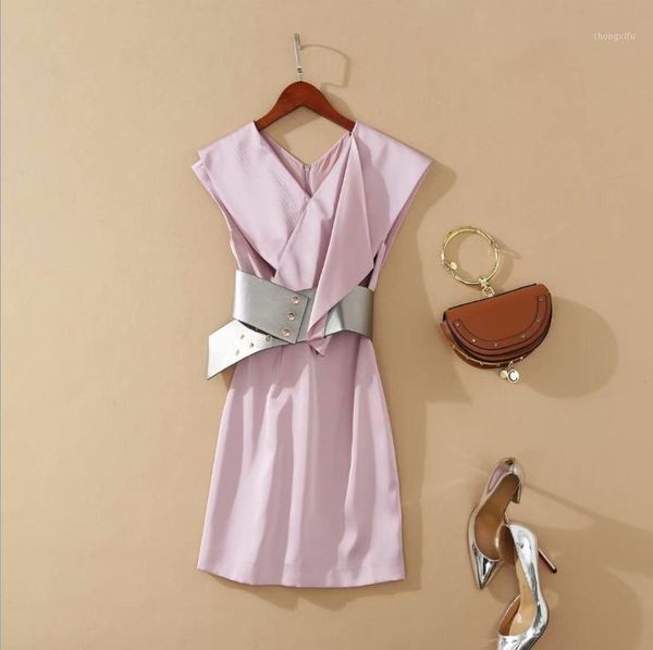 

european and american women's clothing 2020 summer new style sleeveless v-neck plain ruffled edge fashion belt pink dress1, Black;gray