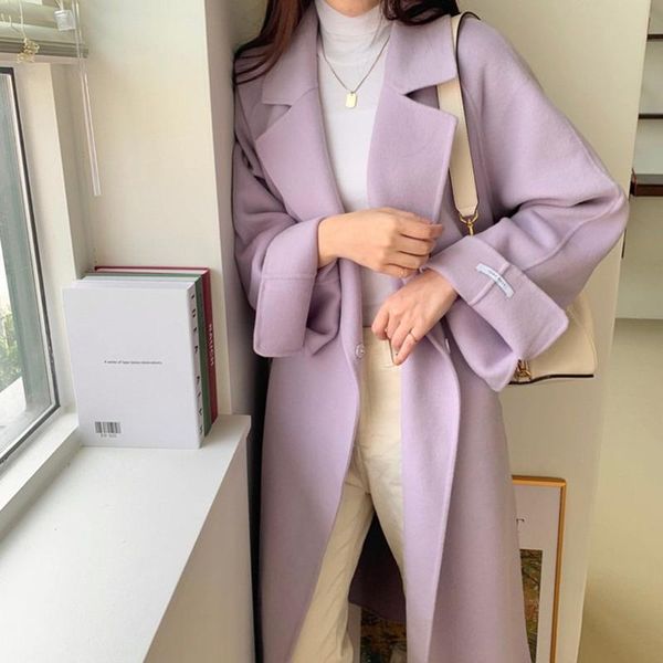 

lucyever 2021 spring new elegant purple woolen coat women korean style belt long woman's coats fashion suit collar slim outwear, Black