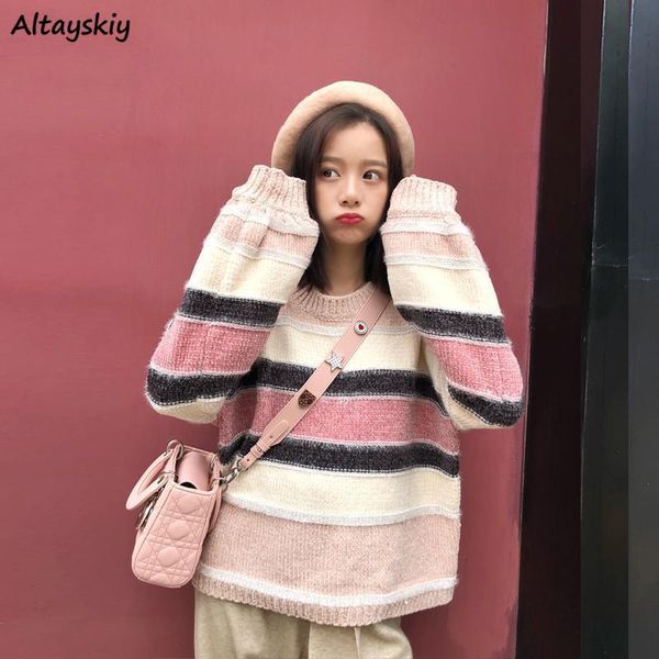 

sweaters women pullovers striped casual stylish daily kawaii popular lady clothing all-match student lovely knittwear o-neck ins, White;black