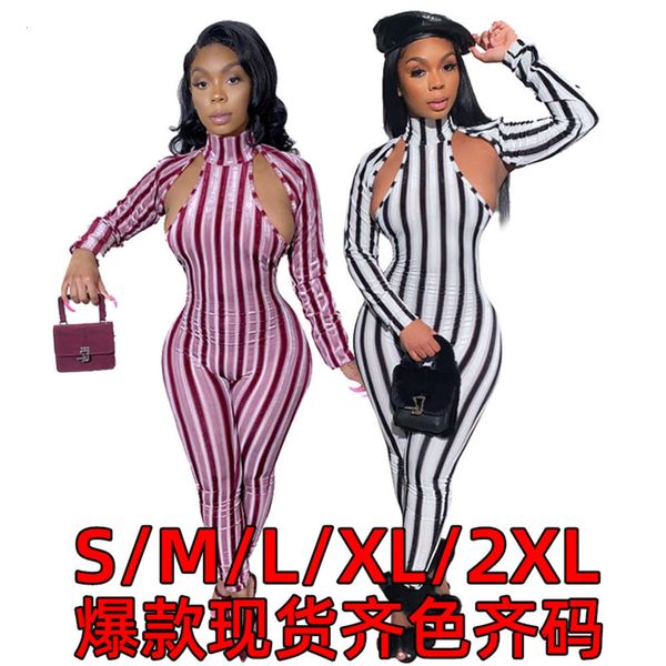 

k9545 fall winter 2019 new high collar striped jumpsuit, Black;white