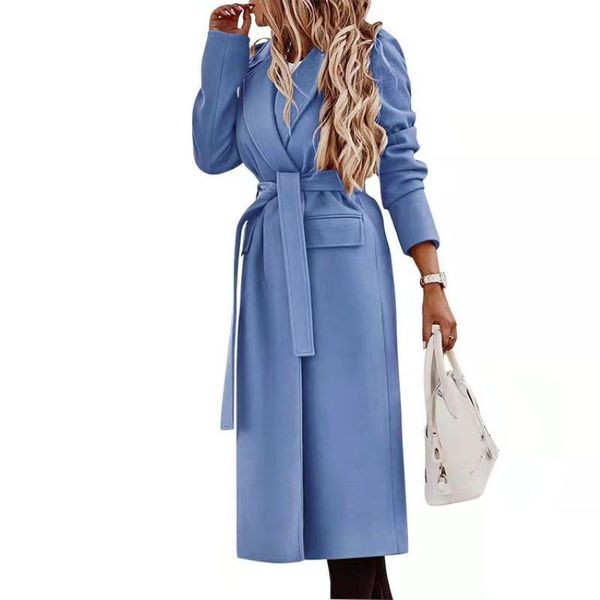 

-colored woman, plain winter coat with small fragrance in lapel, long and slim autumn thick coat, large elega women's wool & blends, Black