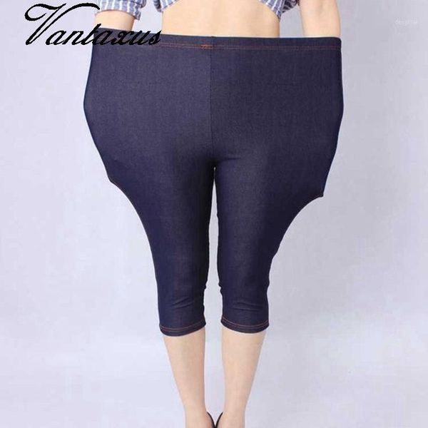 

plus size immitation denim pants summer jeans short black blue pant for big lady king size elastic capris panties1, Black;white