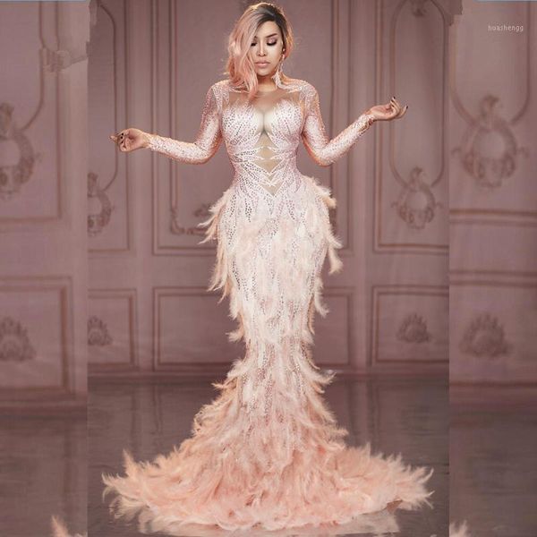 

sparkly rhinestones pink feather nude dress full stones long big tail dress costume prom birthday celebrate dresses1, Black;red