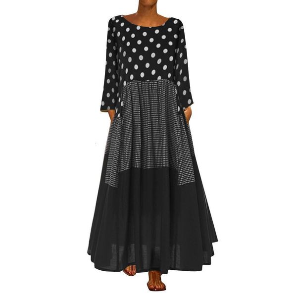 

women vintage bohemia wave polka dot dress long sleeves o neck maxi dress summer casual loose beach dresses ropa mujer, Black;gray