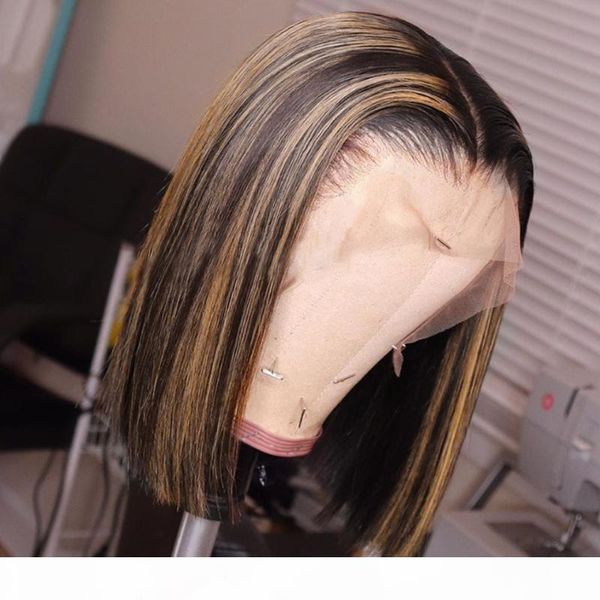 

ombre color short bob wig highlight lace front human hair wigs remy with baby hair brazilian wig for black women bleached knots, Black;brown