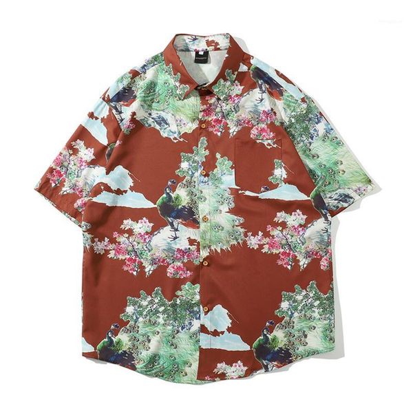 

mens peacock print hawaii beach shirts harajuku streetwear 2020 summer short sleeve blouse hiphop black white shirts 1, White;black