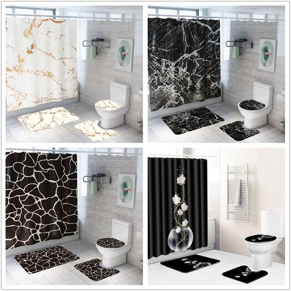 

creative marble printing bathroom waterproof shower curtain pedestal rug lid carpet toilet cover set bath curtain mat set t200102